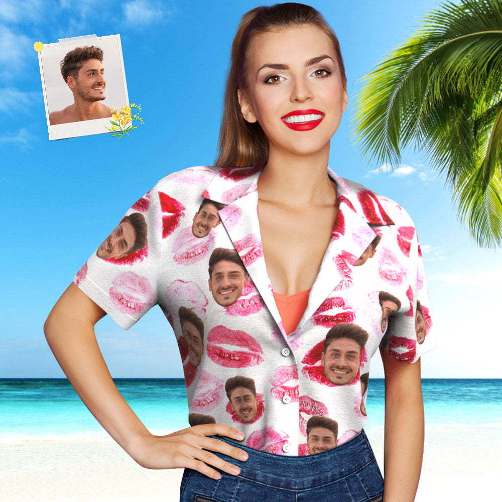 Custom Face Hawaiian Shirt for Women Personalized Women's Photo Hawaiian Shirt Gift for Her - Red lips	 - FaceSocksUSA