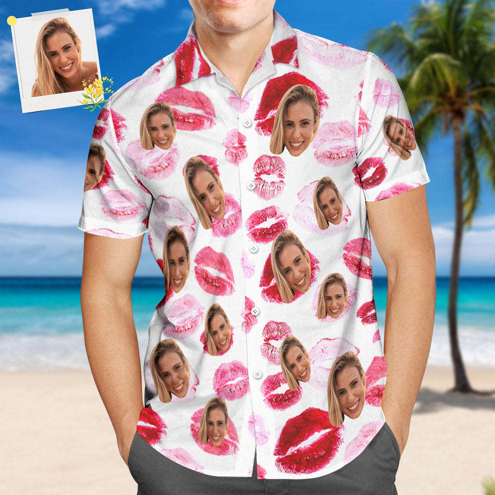 Custom Face Hawaiian Shirt All Over Print Personalized Shirt - Red lips	 - FaceSocksUSA