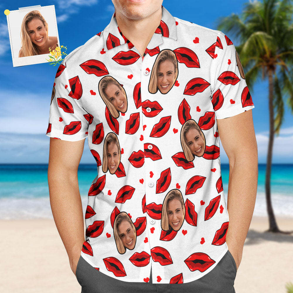 Custom Face Hawaiian Shirt All Over Print Funny Red Lips Personalized Shirt	 - FaceSocksUSA