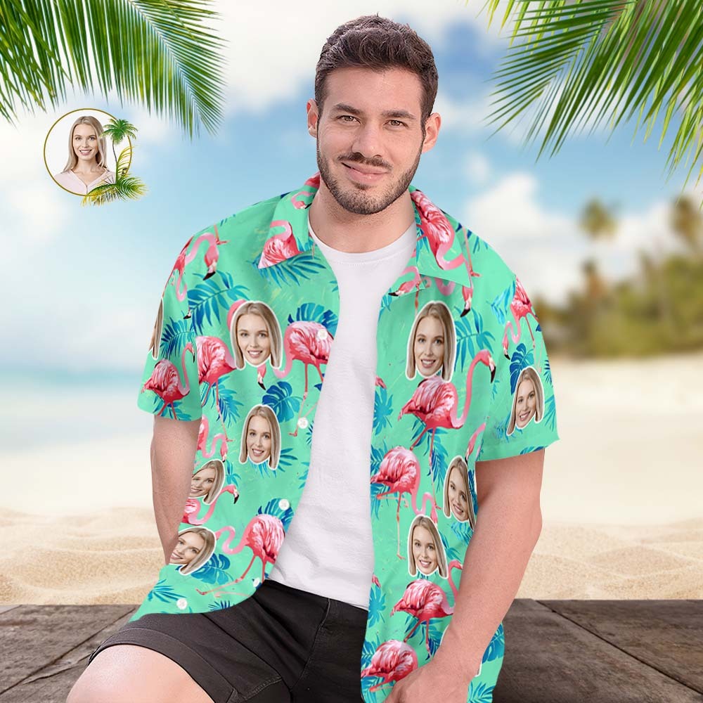 Custom Face Hawaiian Shirt Flamingo Tropical Shirt Couple Outfit ALL Over Printed Green and Palm Leaves - FaceSocksUSA