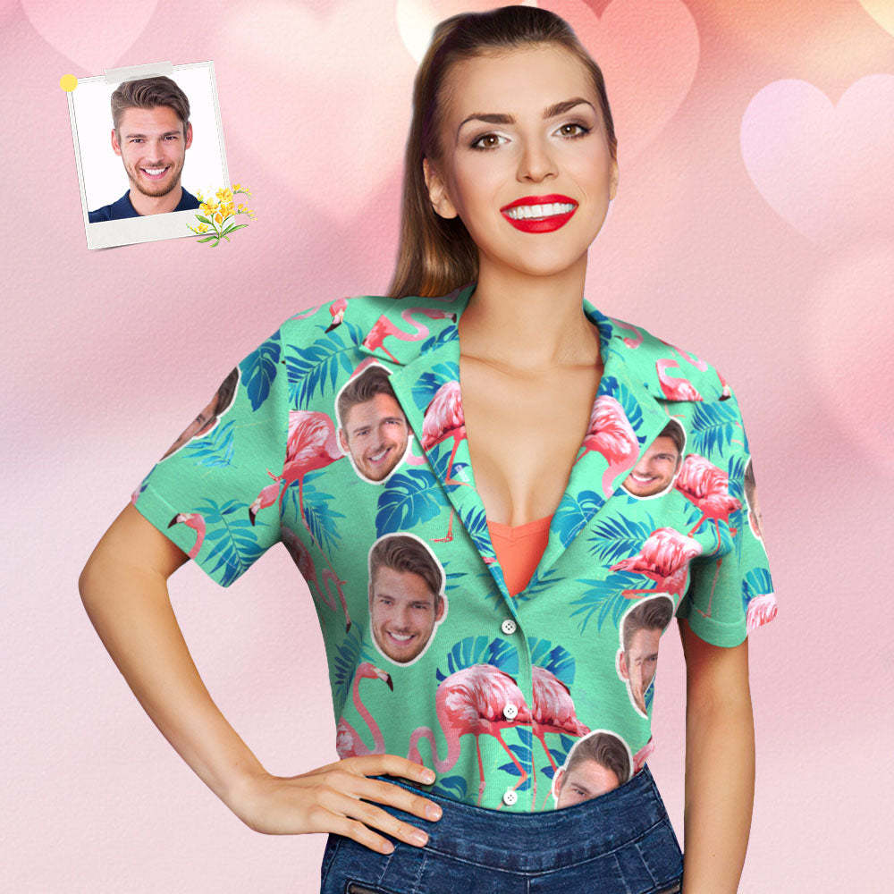 Custom Face Hawaiian Shirt Flamingo Tropical Shirt Couple Outfit ALL Over Printed Green and Palm Leaves - FaceSocksUSA