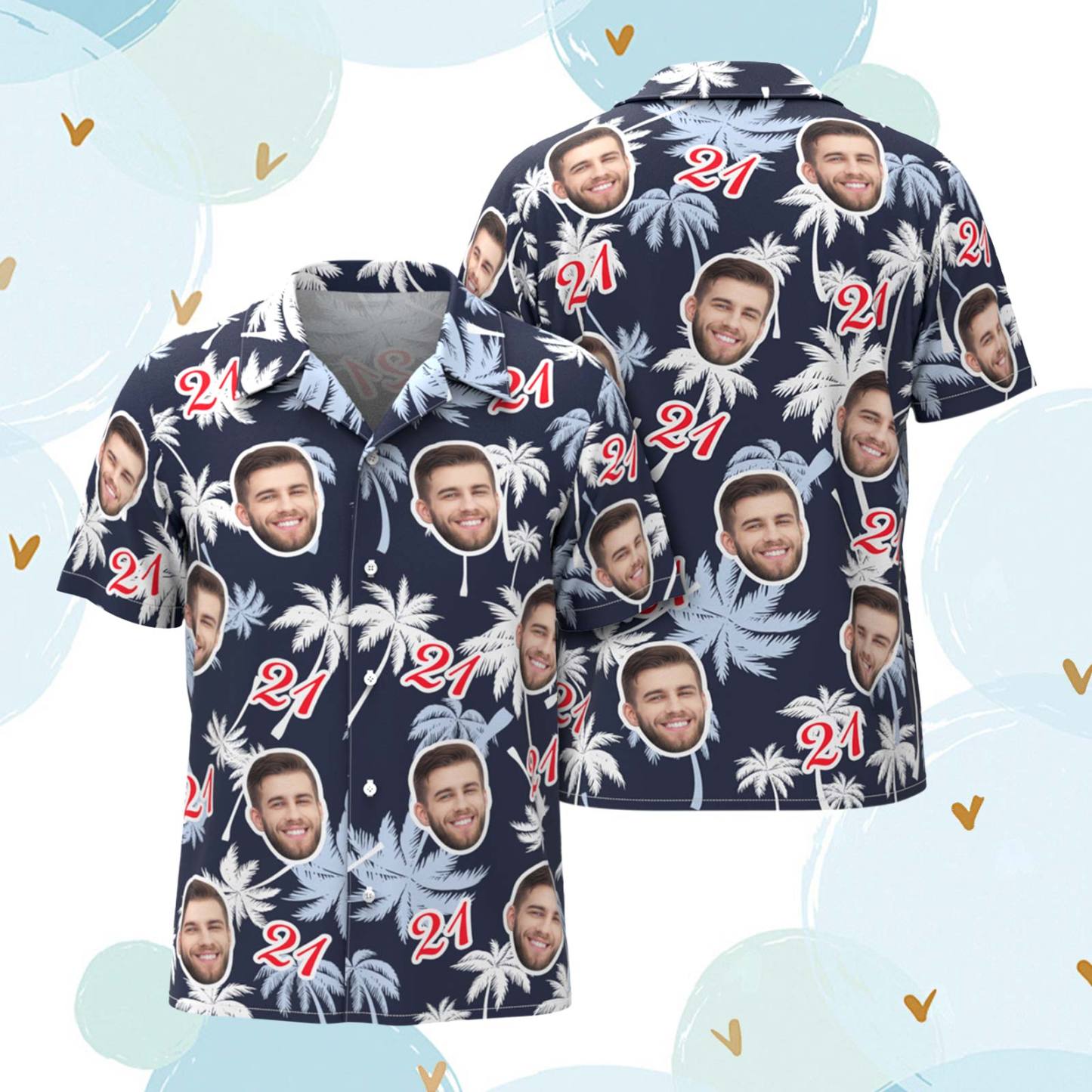 Custom Face And Number Birthday Hawaiian Shirts Red And White Coconut Tree Shirts	 - FaceSocksUSA