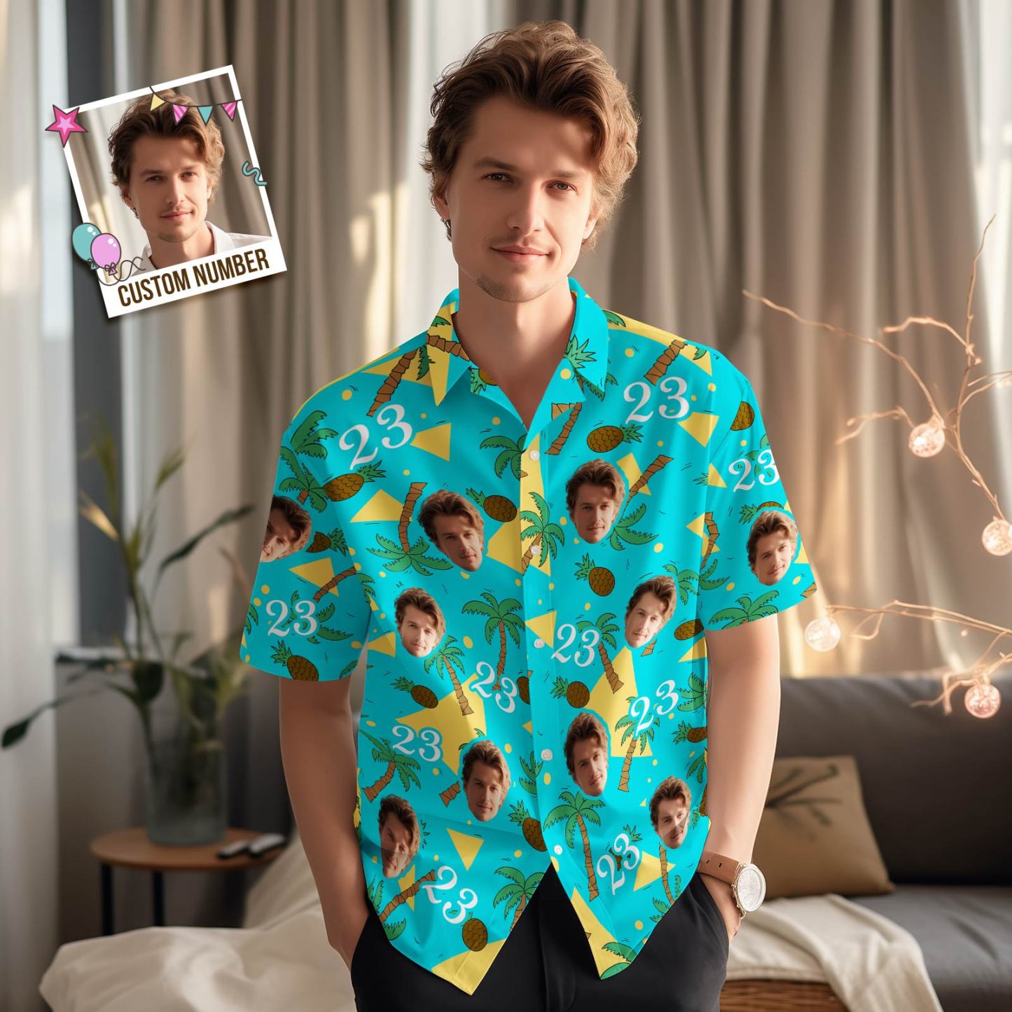 Custom Multi-color Face and Numbers Hawaiian Shirt Coconut Tree and Pineapple Gift for Men	 - FaceSocksUSA