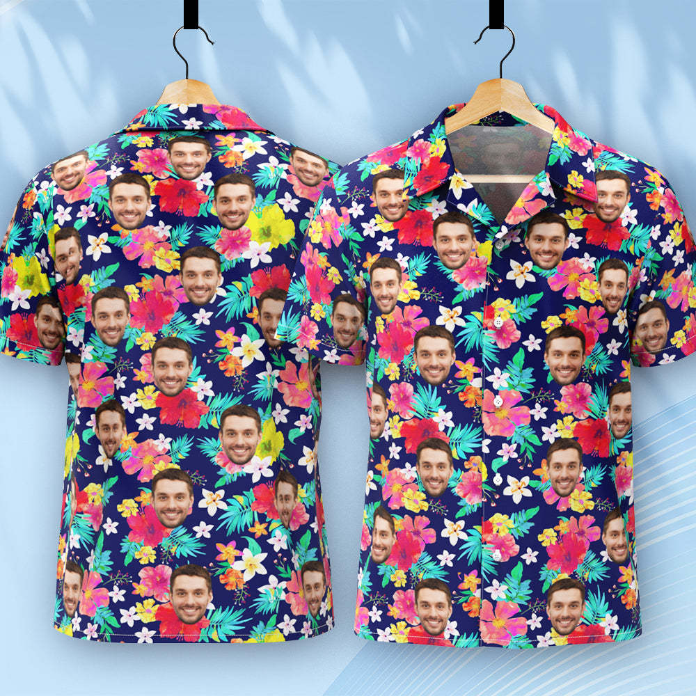 Custom Hawaiian Shirt for Men Personalized Short Sleeves Shirt with Picture Face Photo Printed Hawaii Shirt Colorful Flower	 - FaceSocksUSA