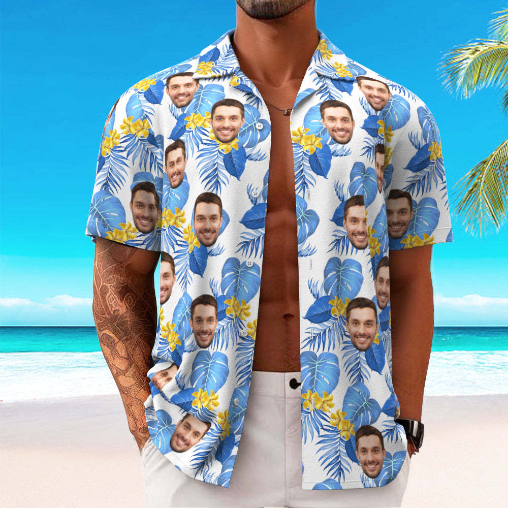 Custom Hawaiian Shirt for Men Personalized Short Sleeves Shirt with Picture Face Photo Printed Hawaii Shirt Blue Flower	 - FaceSocksUSA