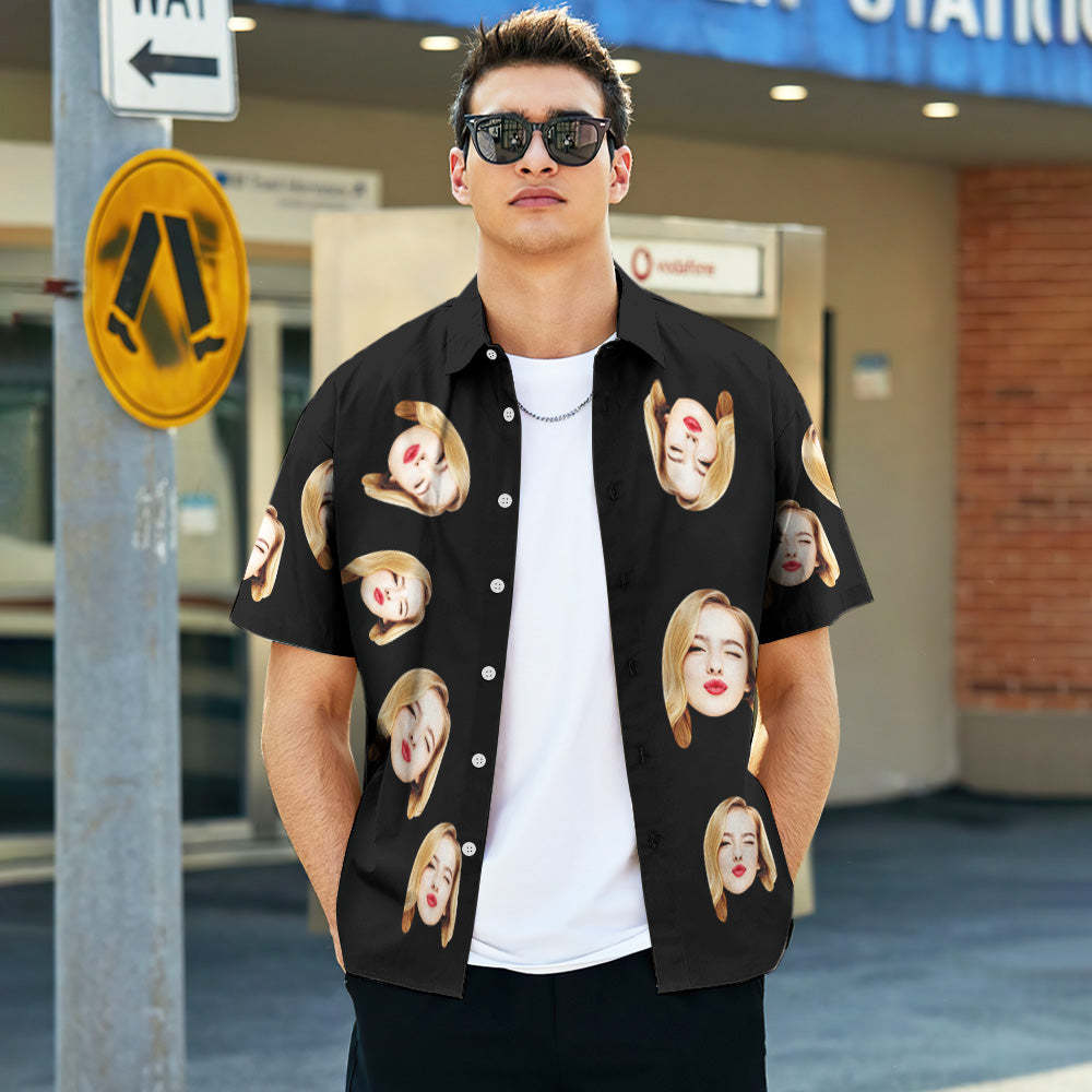 Custom Face Hawaiian Shirts Personalized Photos Funny Men's Shirt Gift Black	 - FaceSocksUSA