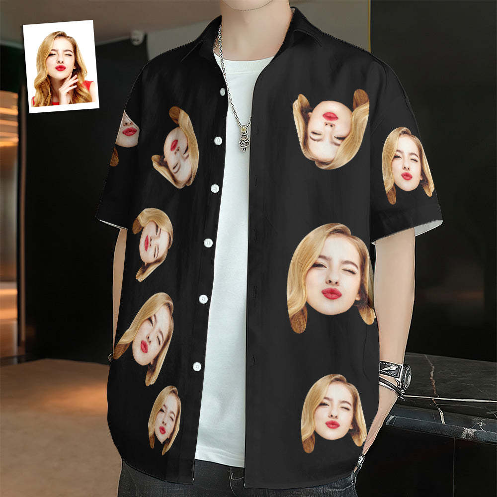 Custom Face Hawaiian Shirts Personalized Photos Funny Men's Shirt Gift Black	 - FaceSocksUSA