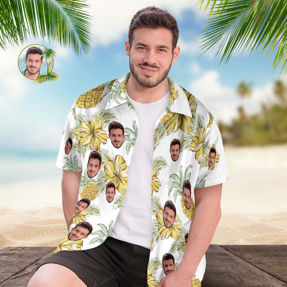 Custom Face Hawaiian Shirts Personalized Photos Hawaiian Flowers and Pineapples Men's Shirt Gift	 - FaceSocksUSA