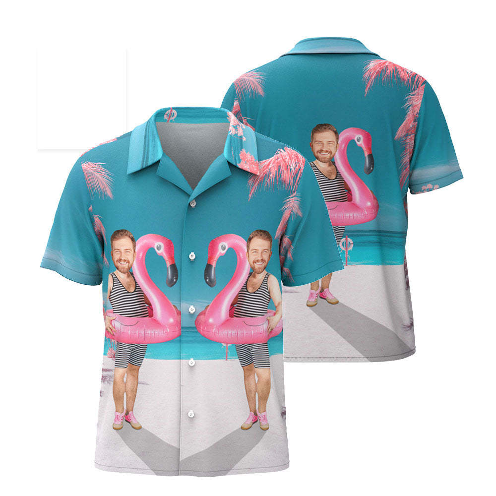 Custom Funny Face Flamingo Hawaiian Shirt Flamingo Swim Ring Hawaiian Shirt For Men LGBT Gift	 - FaceSocksUSA