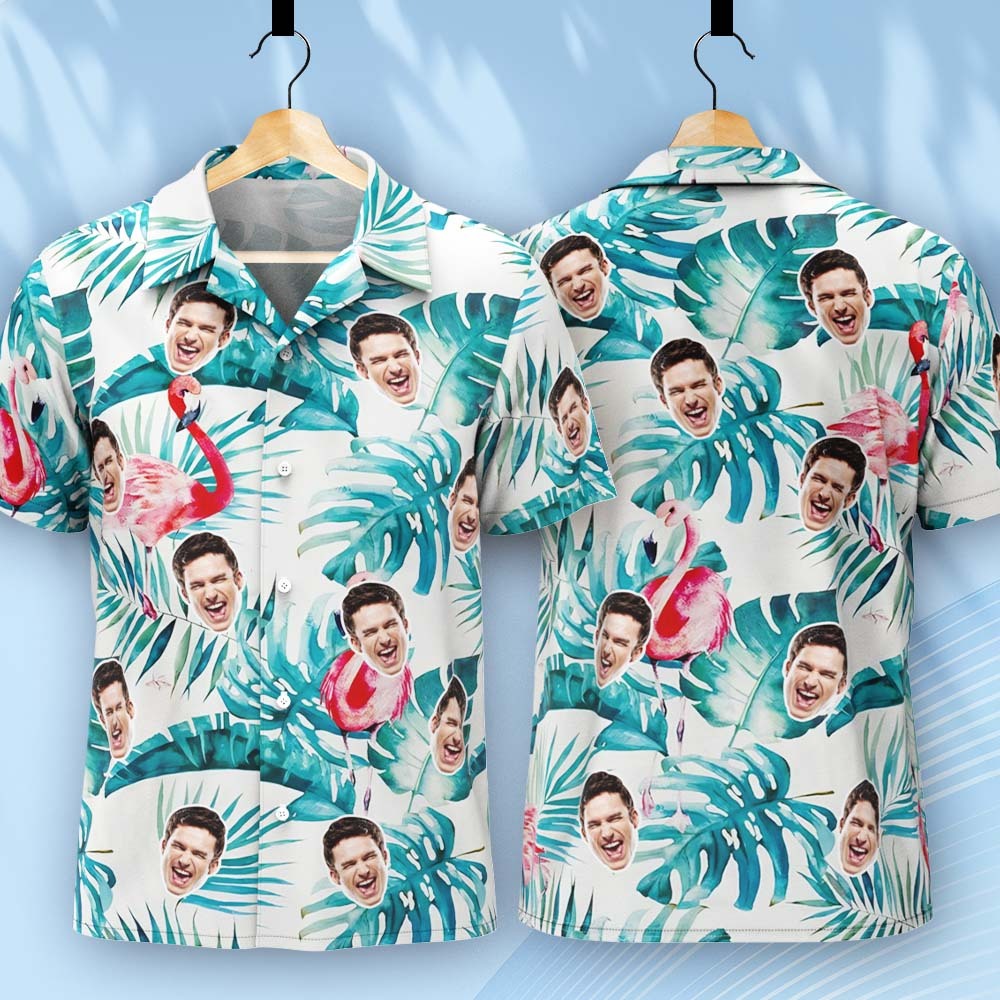 Custom Face Hawaiian Shirt Summer Flamingo Green Leaves Face Hawaiian Shirt	 - FaceSocksUSA
