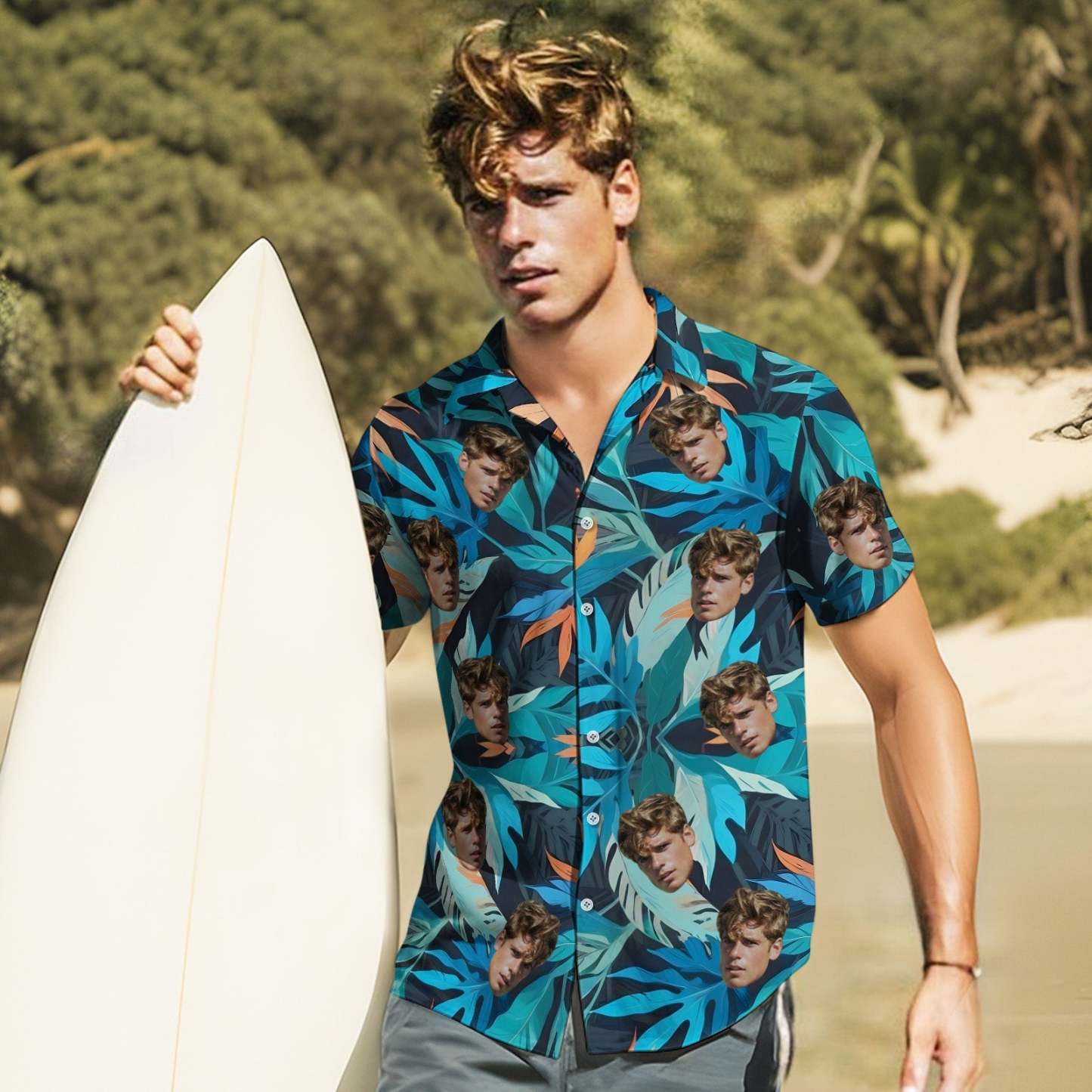 Custom Face Leaves Hawaiian Shirt Flamingo Hawaiian Shirt For Dad	 - FaceSocksUSA