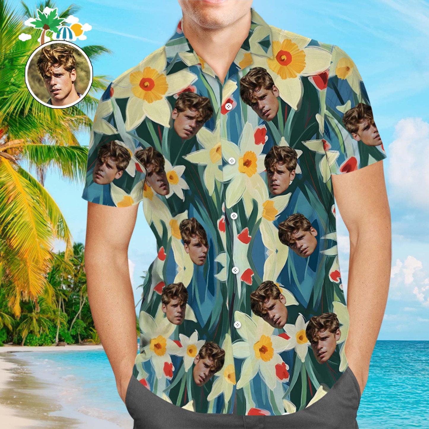 Custom Face Leaves Hawaiian Shirt Flamingo Hawaiian Shirt For Dad	 - FaceSocksUSA