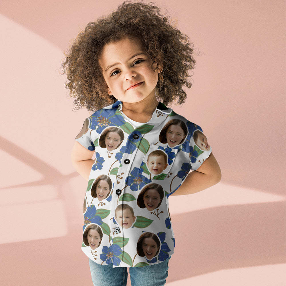 Custom Face Shirt Women's and Kids Hawaiian Shirts Short Sleeve Shirt Mother's Day Gift Blue Flowers - FaceSocksUSA