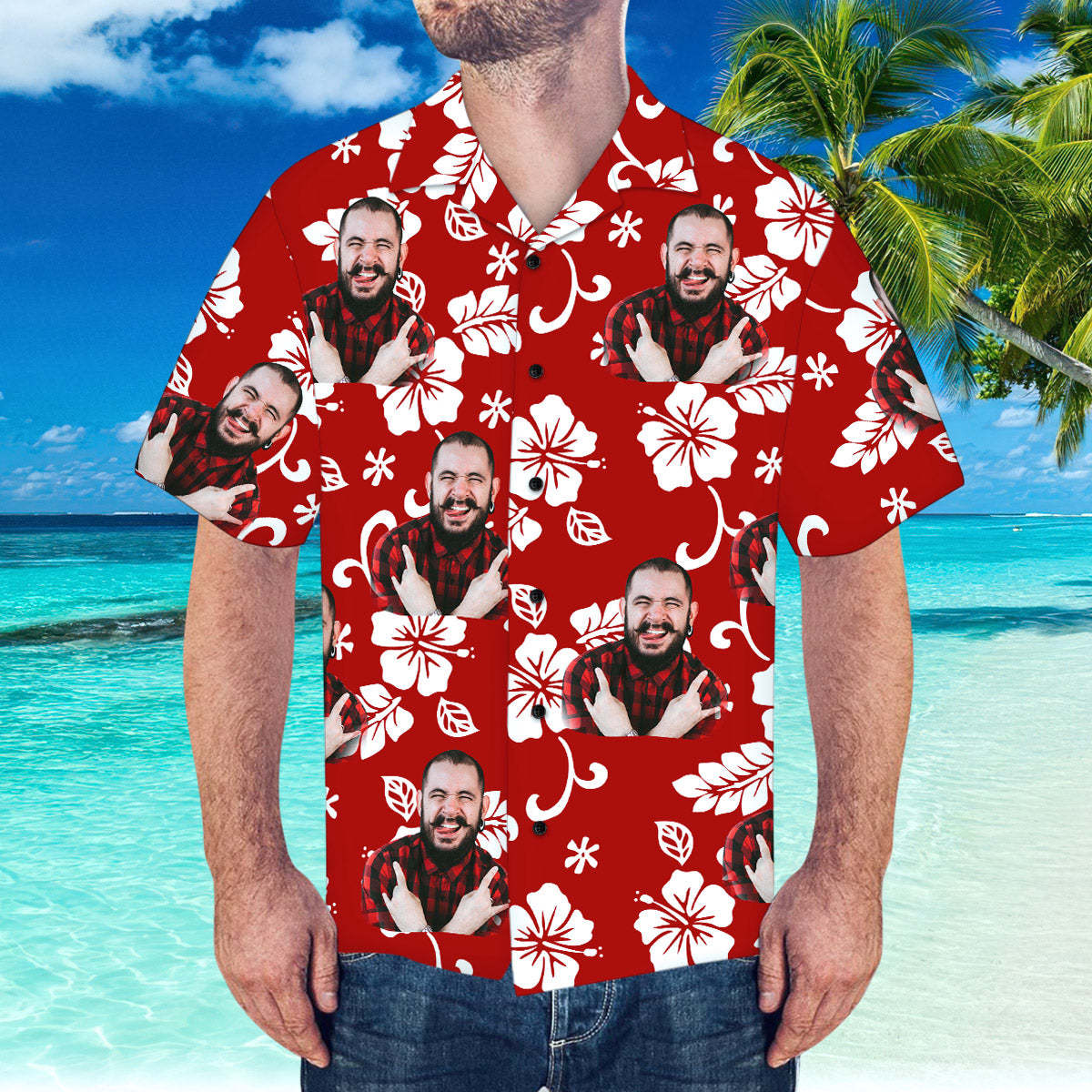 Custom Hawaiian Shirt with Husband Face Personalized Short-Sleeve Hawaiian Shirt	 - FaceSocksUSA