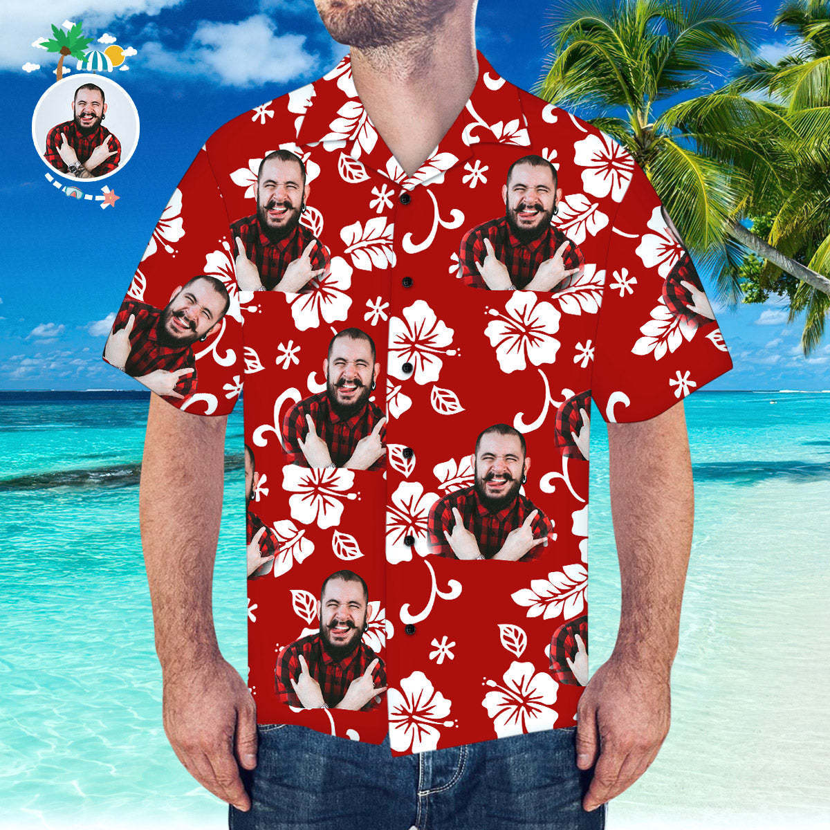 Custom Hawaiian Shirt with Husband Face Personalized Short-Sleeve Hawaiian Shirt	 - FaceSocksUSA