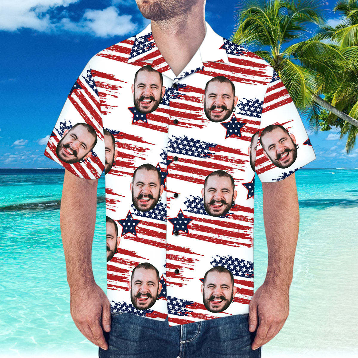 Custom Face Hawaiian Shirt America Flag Hawaiian Shirt for Beach Party	 - FaceSocksUSA