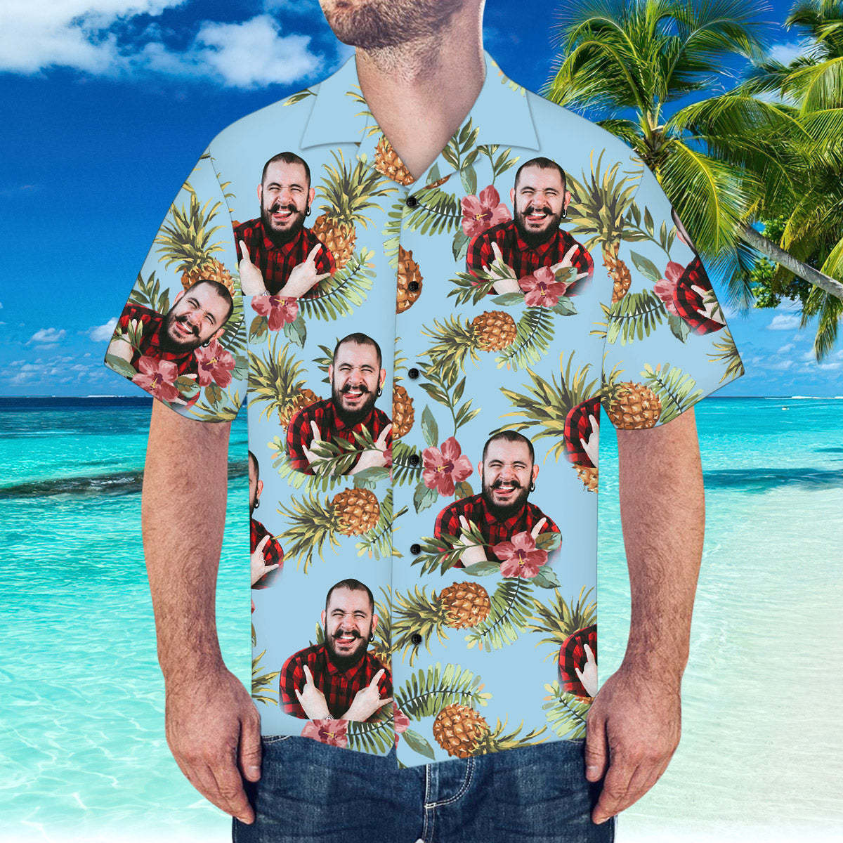 Custom Hawaiian Shirt with Husband Face Pineapple Pattern Hawaiian Shirt for Beach	 - FaceSocksUSA