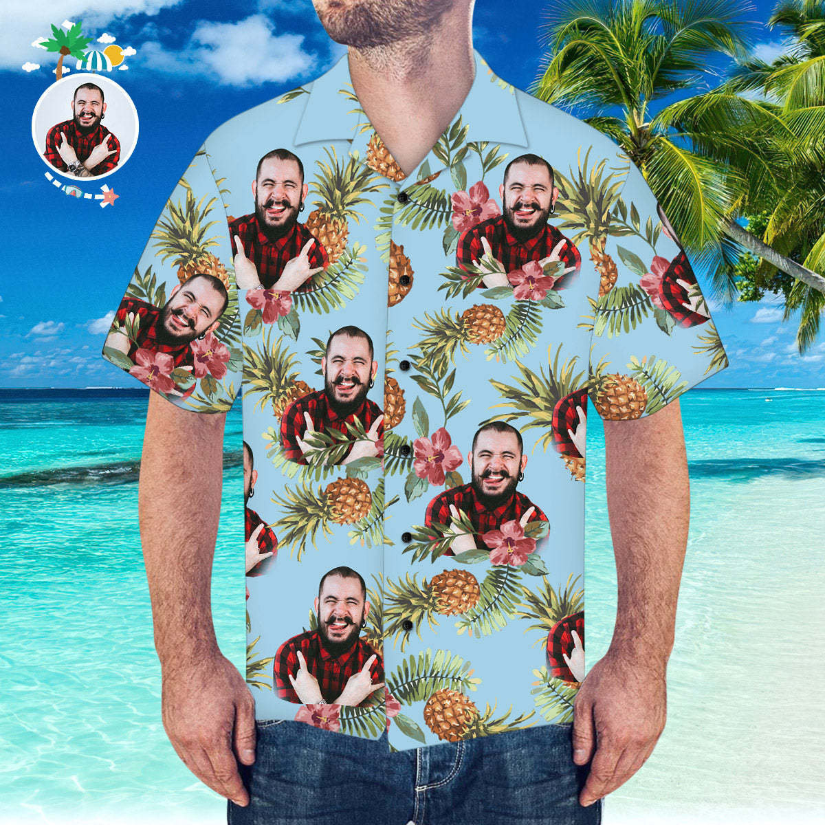 Custom Hawaiian Shirt with Husband Face Pineapple Pattern Hawaiian Shirt for Beach	 - FaceSocksUSA