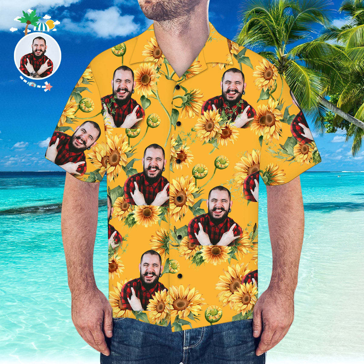 Custom Face Hawaiian Shirt Sunflower Pattern Hawaiian Shirt for Beach Party	 - FaceSocksUSA