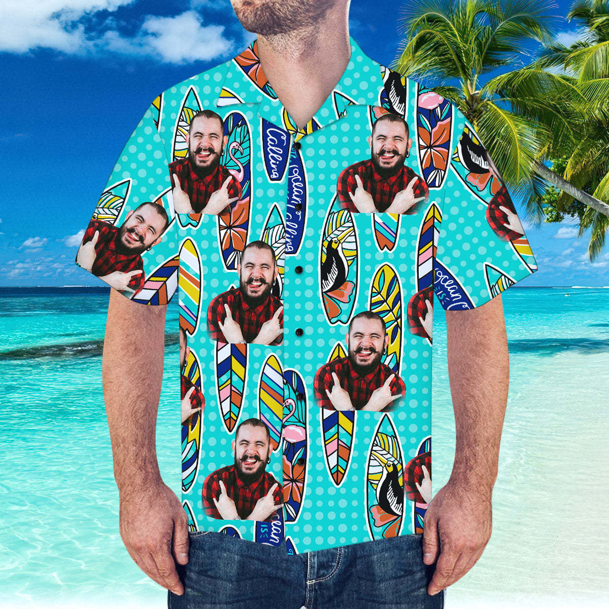 Custom Hawaiian Shirt with Boyfriend Face Surfing Pattern Short-Sleeve Hawaiian Shirt	 - FaceSocksUSA