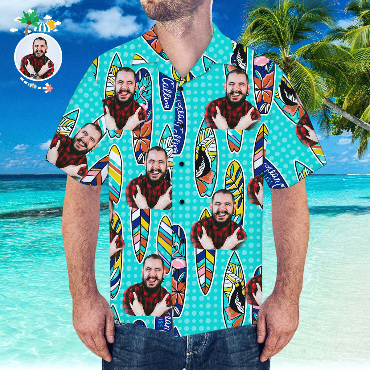 Custom Hawaiian Shirt with Boyfriend Face Surfing Pattern Short-Sleeve Hawaiian Shirt	 - FaceSocksUSA