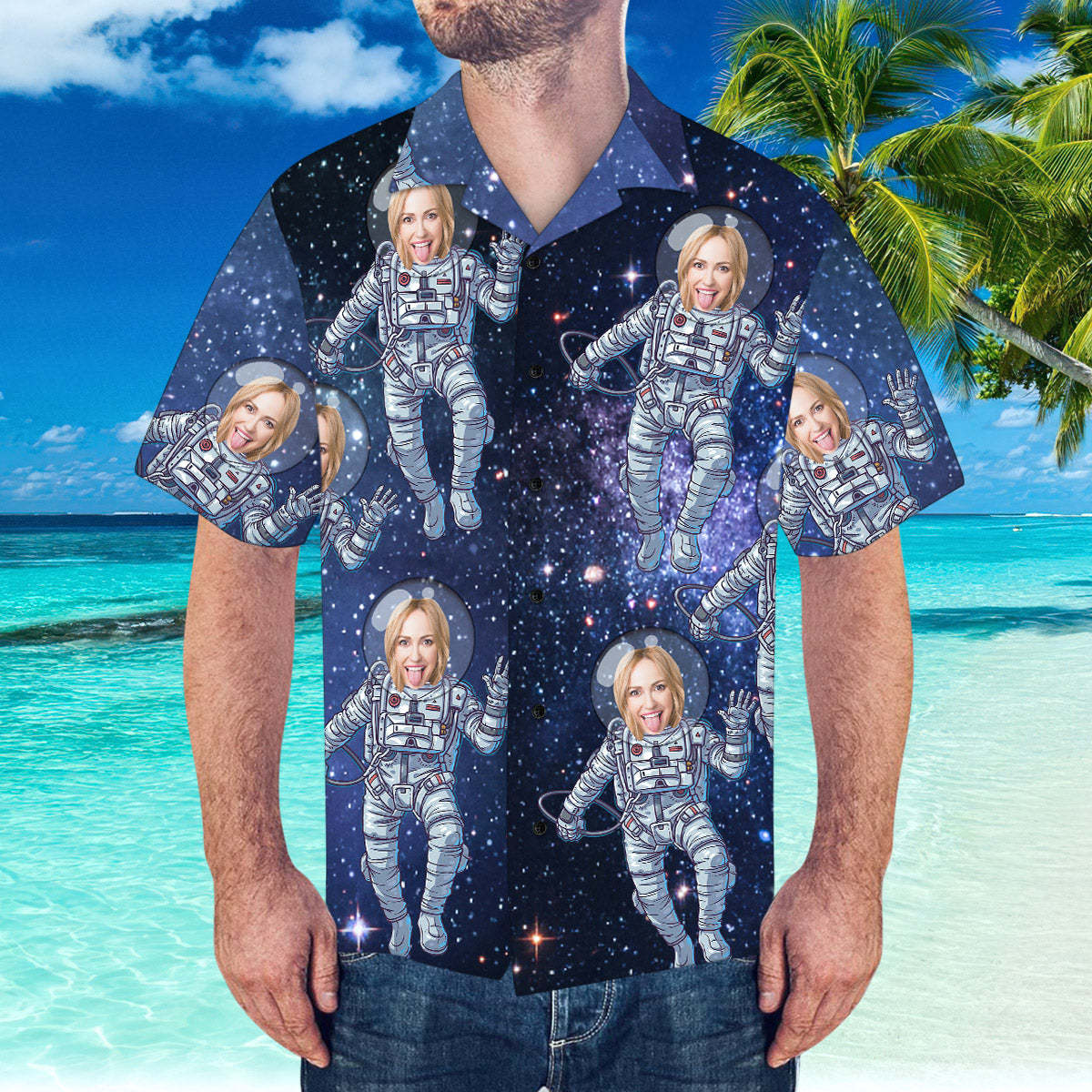 Custom Hawaiian Shirt with Face Personalized Hawaiian Shirt Galaxy Pattern Shirt	 - FaceSocksUSA