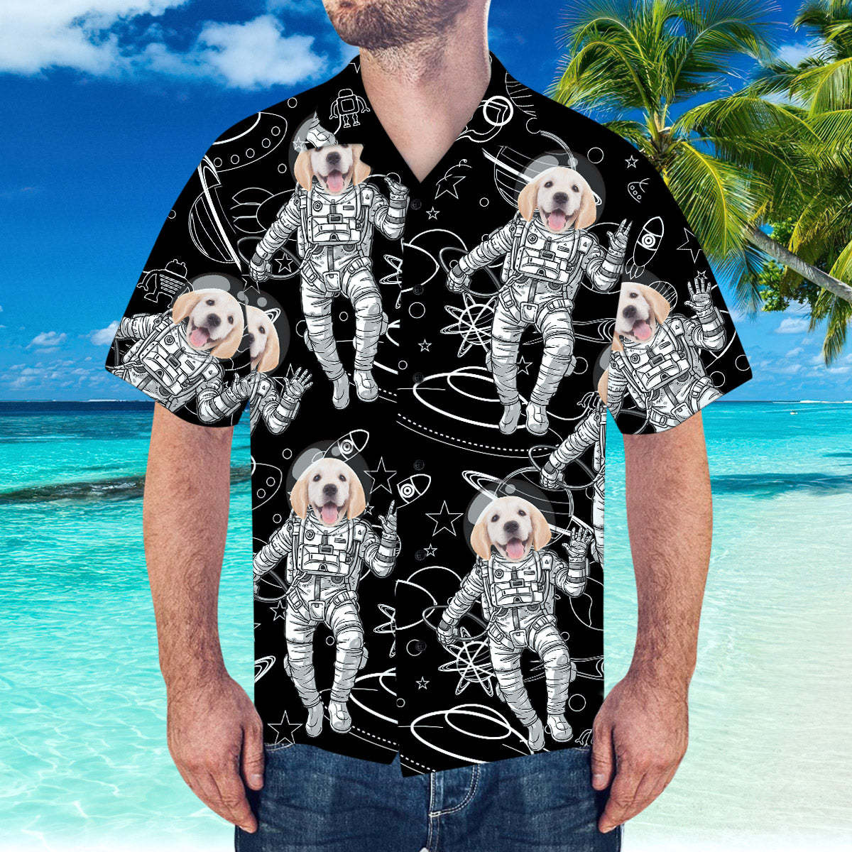 Custom Face Hawaiian Shirt Personalized Hawaiian Shirt Space Pattern Short-Sleeve Shirt	 - FaceSocksUSA