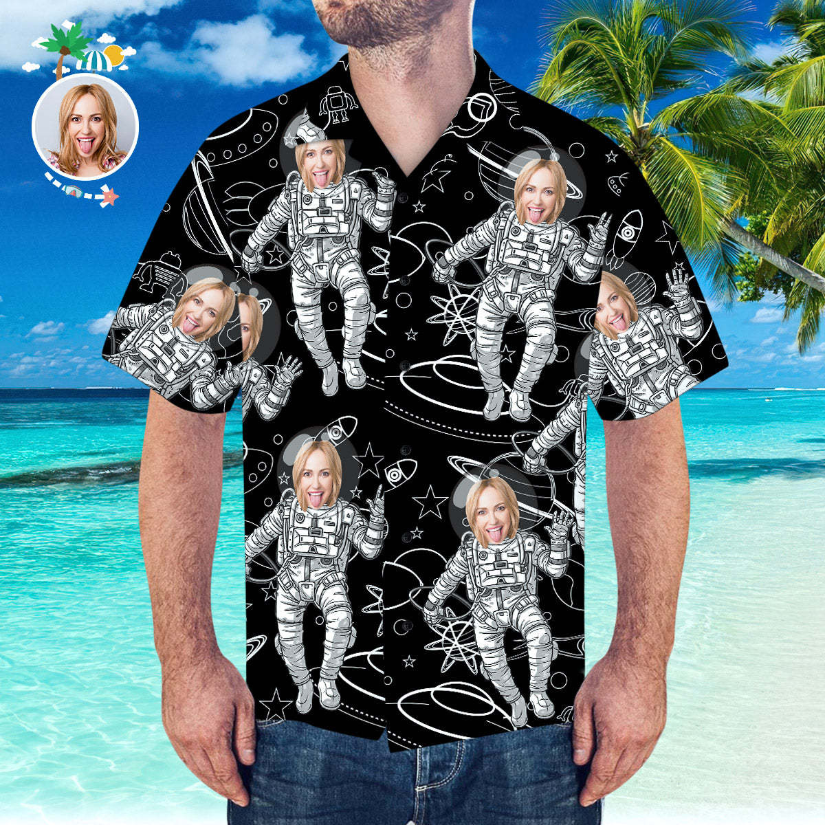 Custom Face Hawaiian Shirt Personalized Hawaiian Shirt Space Pattern Short-Sleeve Shirt	 - FaceSocksUSA