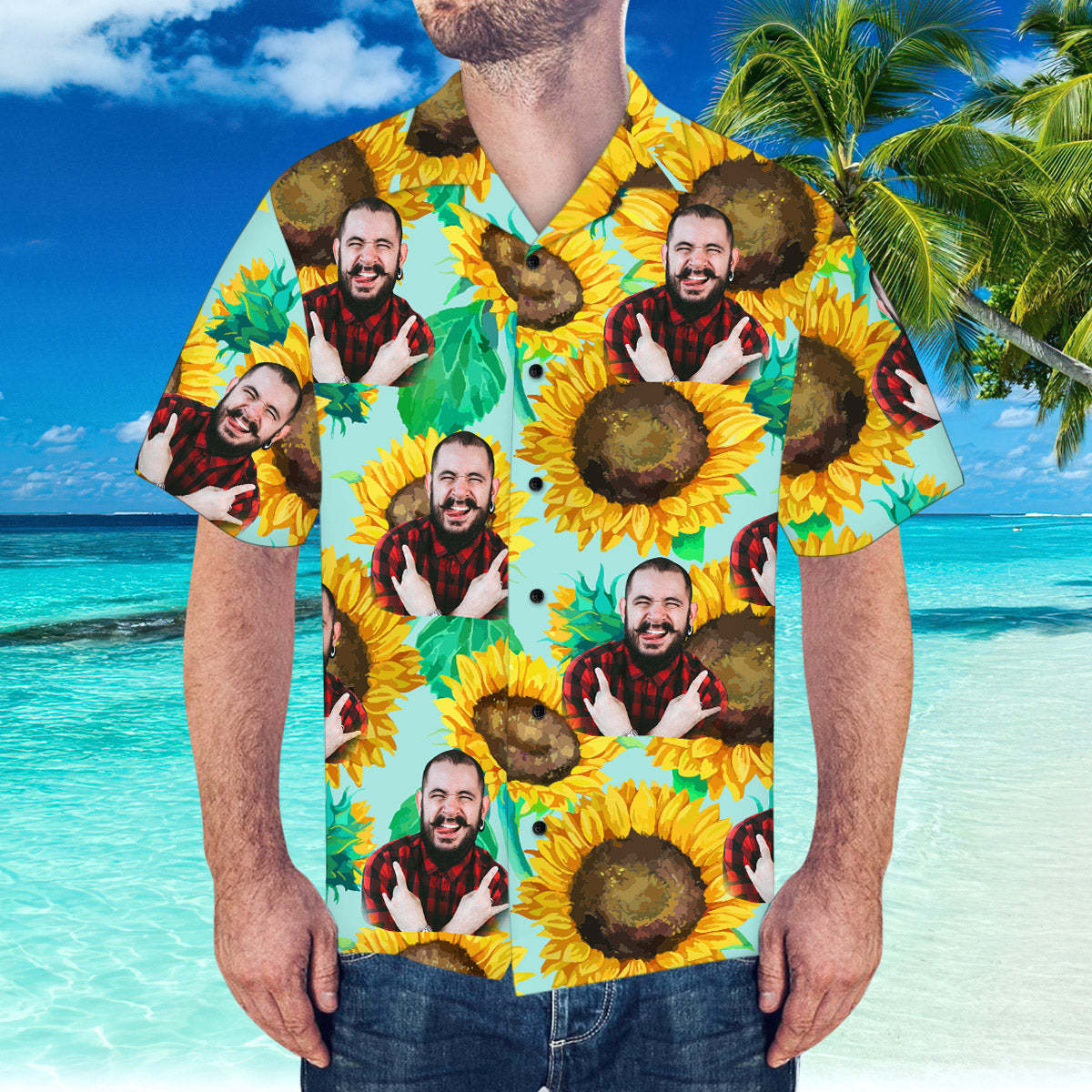 Custom Face Hawaiian Shirt Personalized Hawaiian Shirt Summer Sunflower Shirt	 - FaceSocksUSA