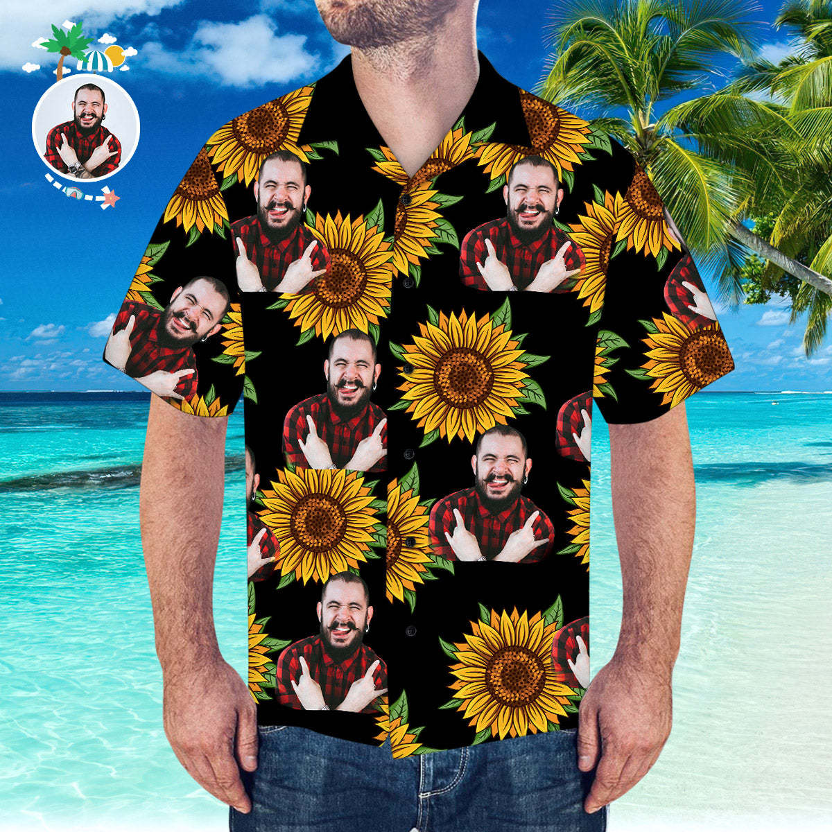 Custom Hawaiian Shirt with Husband Face Sunflower & Leaves Shirt for Beach Party	 - FaceSocksUSA