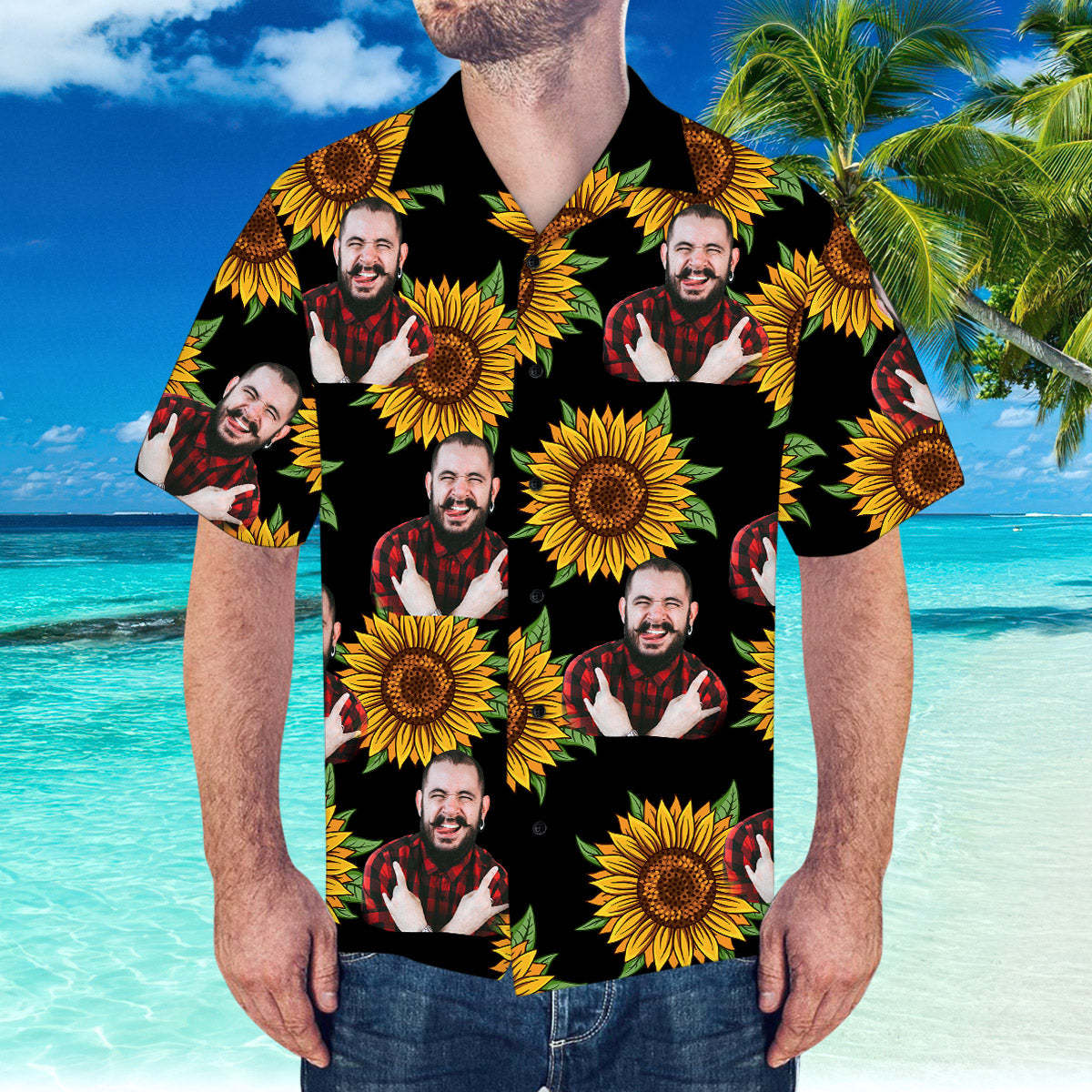 Custom Hawaiian Shirt with Husband Face Sunflower & Leaves Shirt for Beach Party	 - FaceSocksUSA