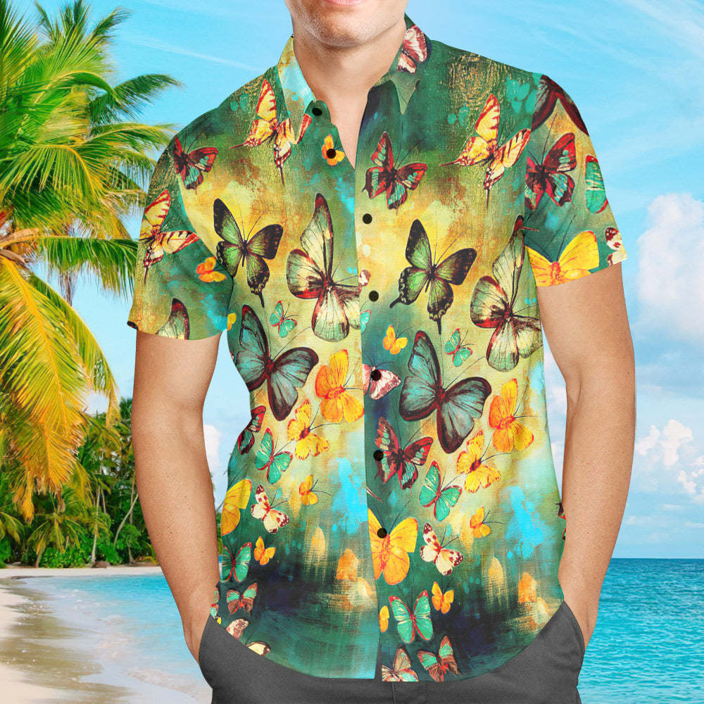 Custom Men Hawaiian Shirts with Text Personalized Butterfly Hawaiian Shirts For Men	 - FaceSocksUSA