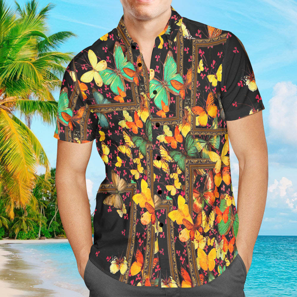 Custom Men Hawaiian Shirts with Text Personalized Vintage Butterfly Hawaiian Shirts For Men - FaceSocksUSA