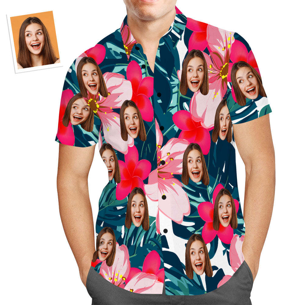 Custom Face Hawaiian Shirt Gradient Pink Flowers Beach Shirt Gift for Men - FaceSocksUSA