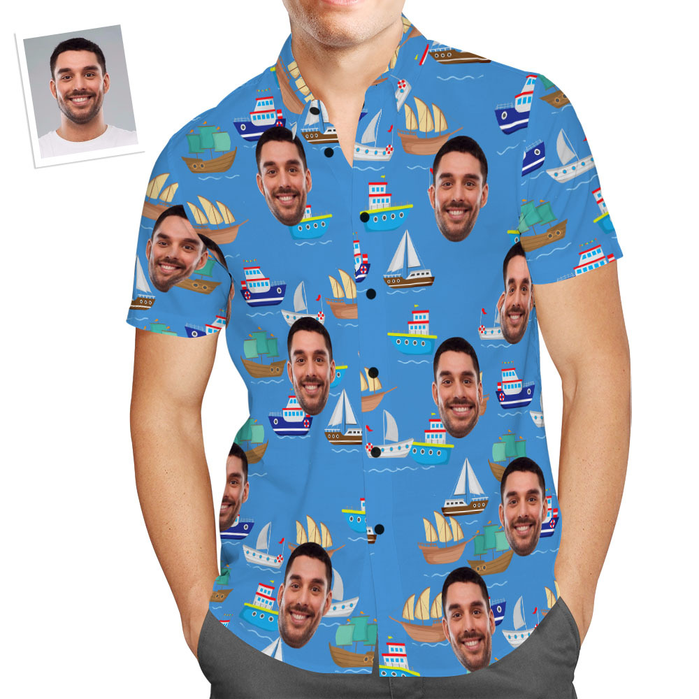 Custom Face Hawaiian Shirt Colorful Sailboat Beach Shirt Holiday Gift for Men	 - FaceSocksUSA