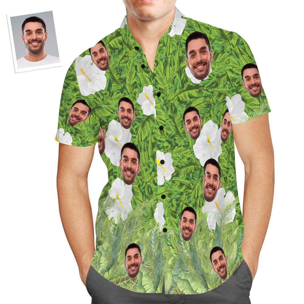 Custom Face Hawaiian Shirt Green Leaves Aloha Beach Shirt Gift for Men	 - FaceSocksUSA