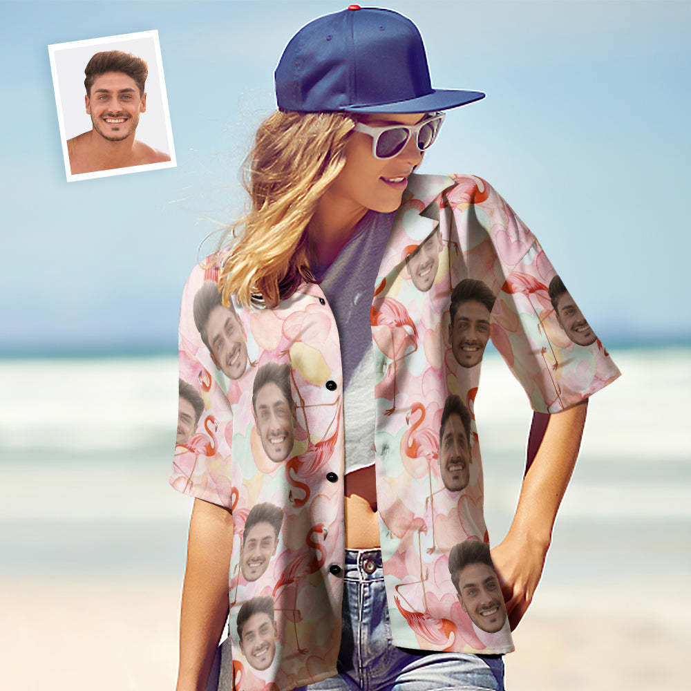 Custom Face Hawaiian Shirts Personalized Flamingo Couple Hawaiian Shirts Valentine's Day Gift - SantaSocks