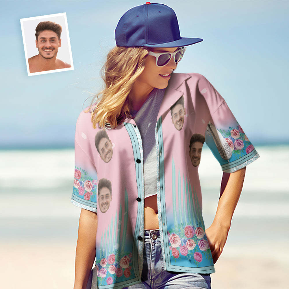 Custom Face Hawaiian Shirts Personalized Couple Floral Pink Holiday Beach Shirts Valentine's Day Gift - SantaSocks