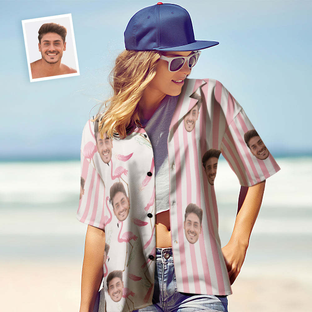 Custom Face Hawaiian Shirts Personalized Couple Flamingo Shirts Casual Short Sleeve Valentine's Day Gift - SantaSocks
