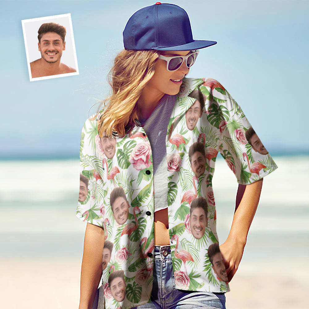 Custom Face Hawaiian Shirts Personalized Flamingo Shirts Couple Casual Short Sleeve Valentine's Day Gift	 - FaceSocksUSA