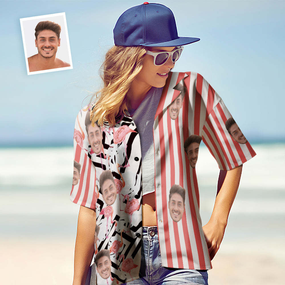 Custom Face Hawaiian Shirts Personalized Flamingo Shirts Casual Short Sleeve Valentine's Day Gift for Couple - SantaSocks