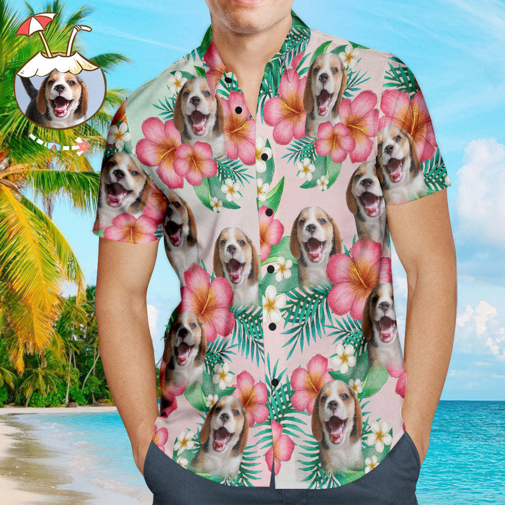 Custom Face Men's Hawaiian Shirts with Red Flower for Pet Lover	 - FaceSocksUSA