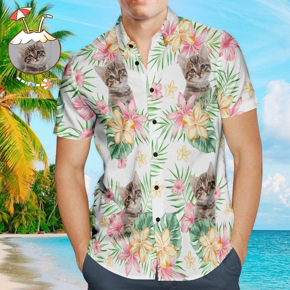Custom Cat Face Men's Hawaiian Shirts with Pink Flower for Pet Lover - FaceSocksUSA