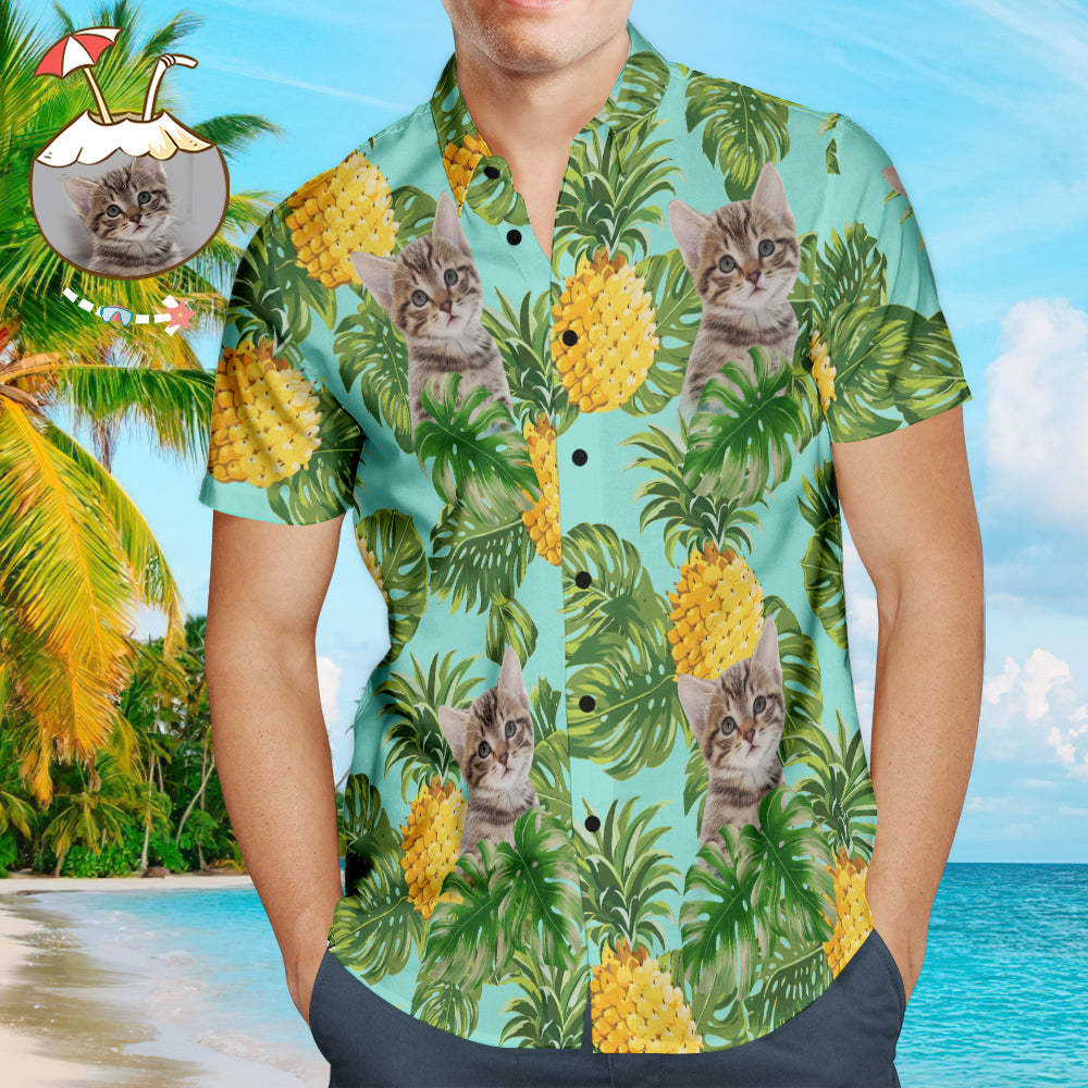 Custom Cat Face Men's Hawaiian Shirts with Pineapple for Pet Lover	 - FaceSocksUSA