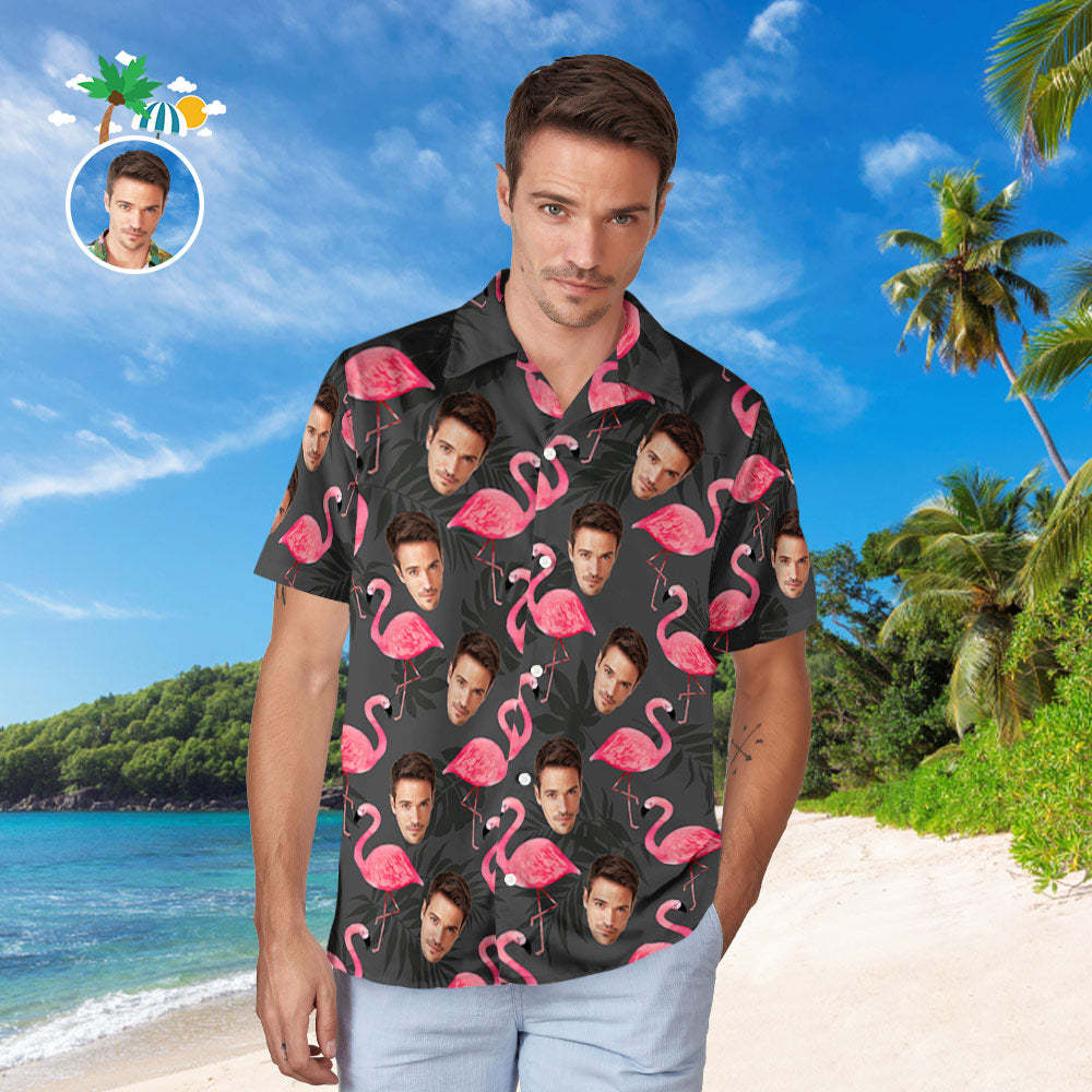 Custom Face Hawaiian Shirt For Him Personalized Men's Photo Shirt Flamingo & Monstera Leaves Valentine's Day Gift	 - FaceSocksUSA