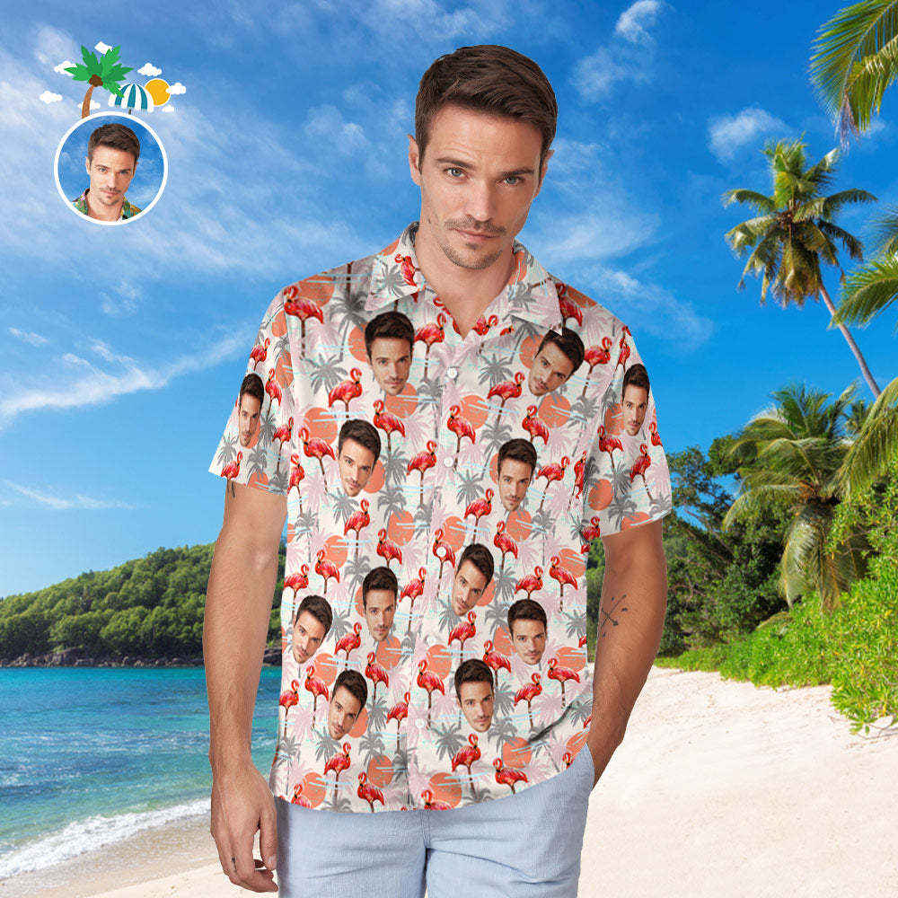 Custom Face Hawaiian Shirt For Him Personalized Men's Photo Shirt Flamingo Floral Valentine's Day Gift	 - FaceSocksUSA