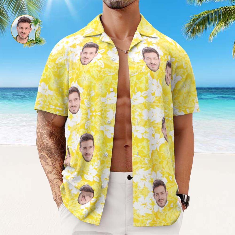 Custom Face Hawaiian Shirt Men's All Over Print Aloha Shirt Gift - Yellow	 - FaceSocksUSA