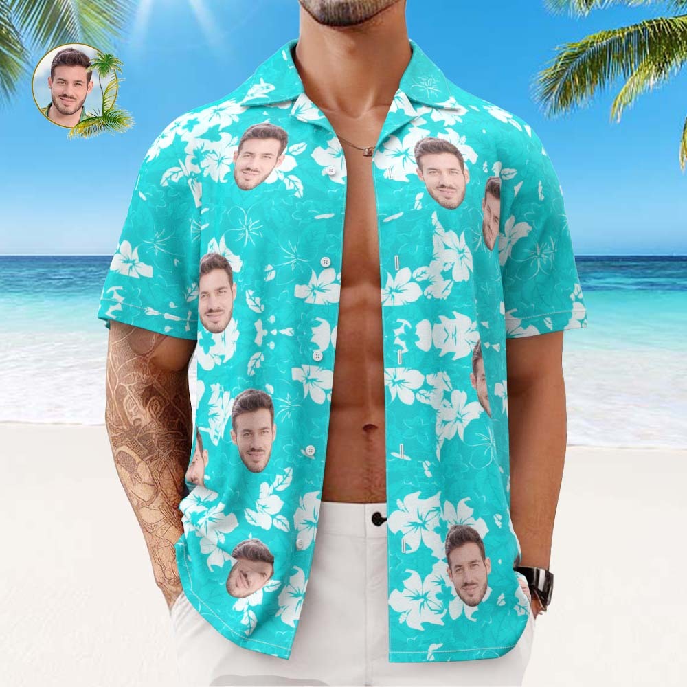 Custom Face Hawaiian Shirt Men's All Over Print Aloha Shirt Gift - Blue - FaceSocksUSA