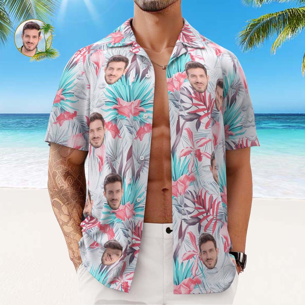 Custom Face Hawaiian Shirt Men's All Over Print Aloha Shirt Gift Romantic Hawaiian Style	 - FaceSocksUSA