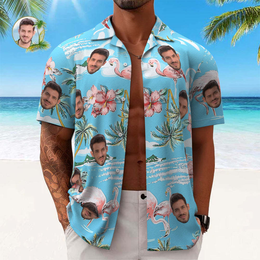 Custom Face Hawaiian Shirt Men's All Over Print Aloha Shirt Gift - Pink Flamingos and Flowers
